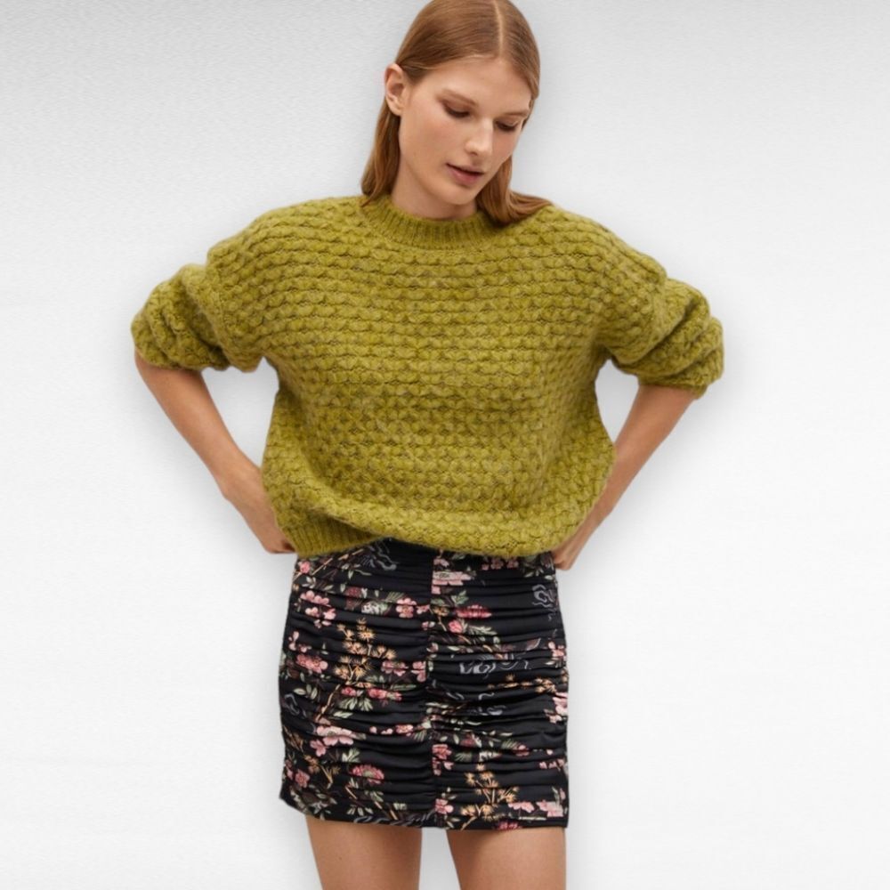 MANGO  Ruched Draped Floral Oriental Print Mini Skirt Black US S BNWT